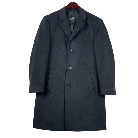 Jos A Bank Men's Overcoat 38R Wool Blend Dark Gray 3 Button Topcoat Dress Coat